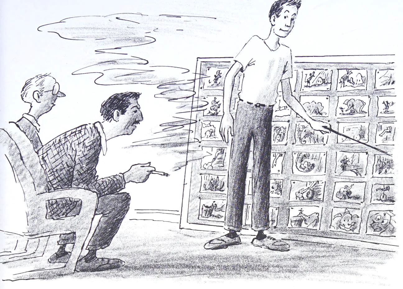 Bill Peet's drawing of himself presenting a wall of story sketches with a pointer to a seated Walt Disney