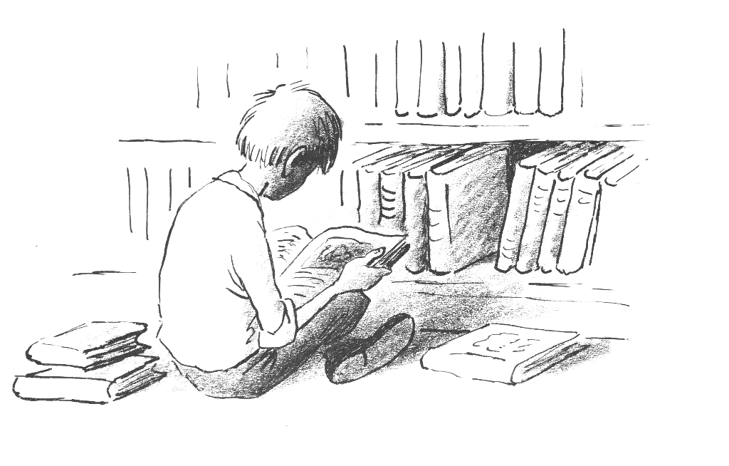 A young Bill Peet absorbed in a book before a shelf of books: line drawing from his autobiography