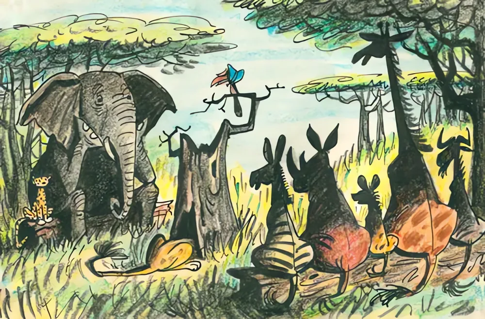 The African animals gather: finished illustration