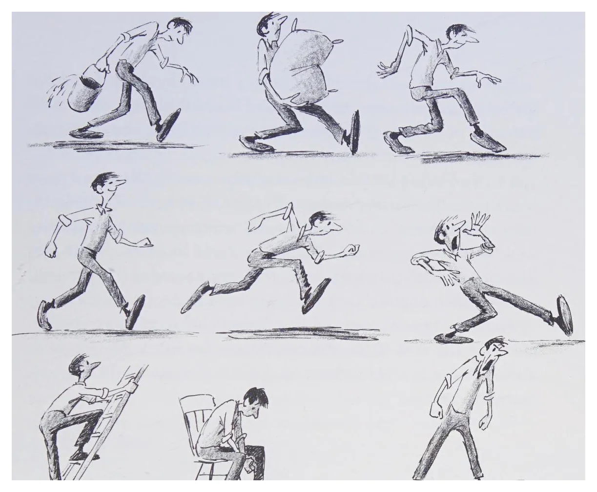 A page of action sketches of a man on the run
