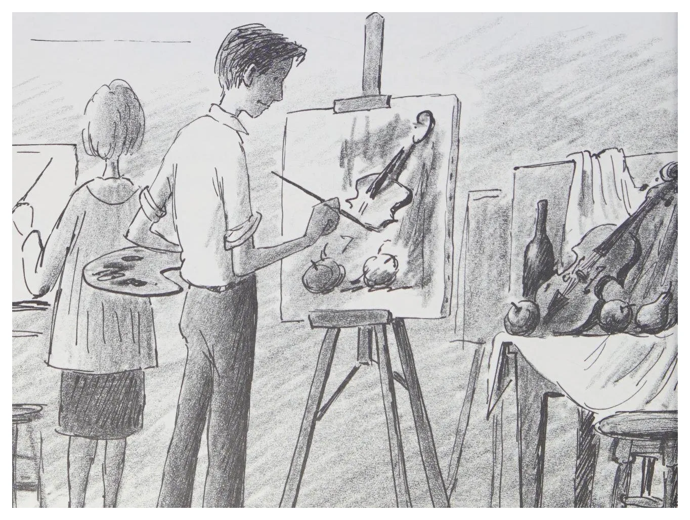 Art students paint from a still life at their easels