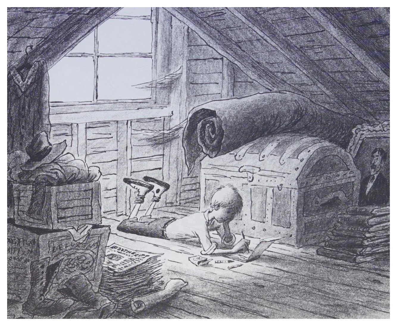 A boy draws by lamplight in the cluttered attic