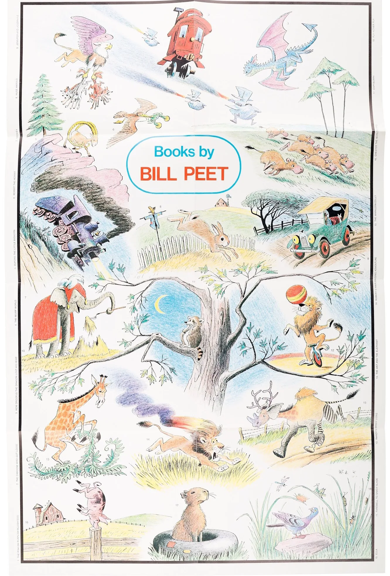 Books by Bill Peet: a montage of characters from across his picture books