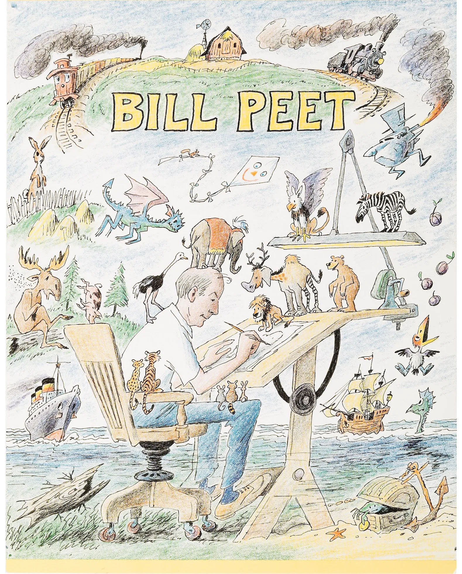 Bill Peet at his drawing board, surrounded by the characters he created: title-page illustration