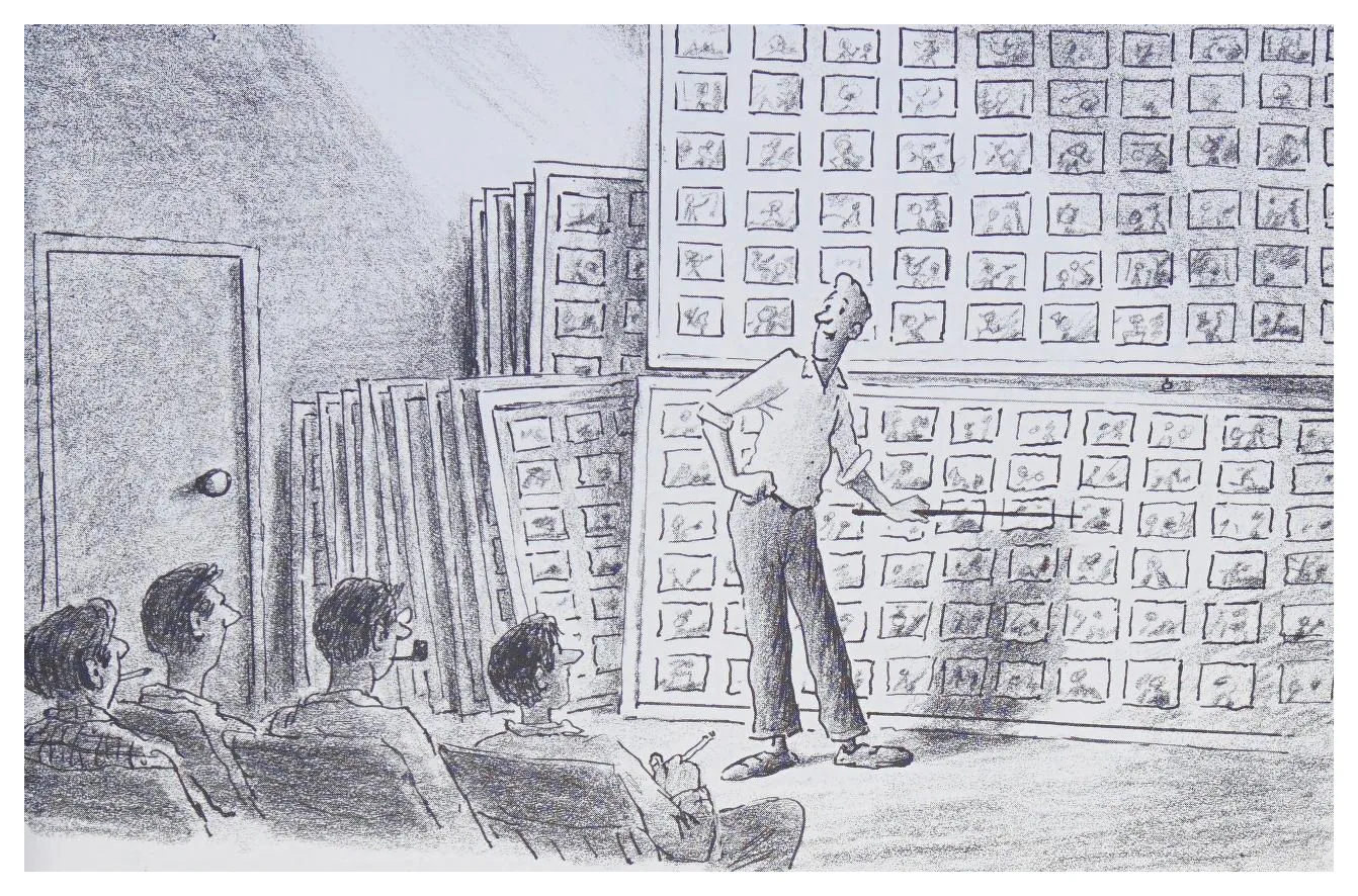 A story man walks the room through the storyboards