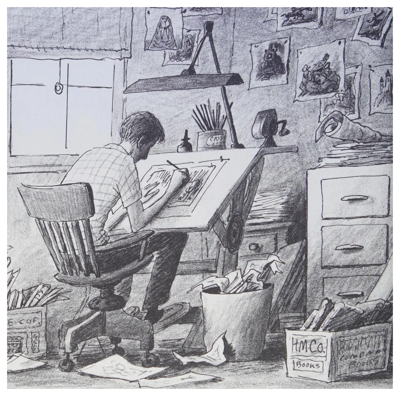 Bill illustrates at his drawing table in the studio