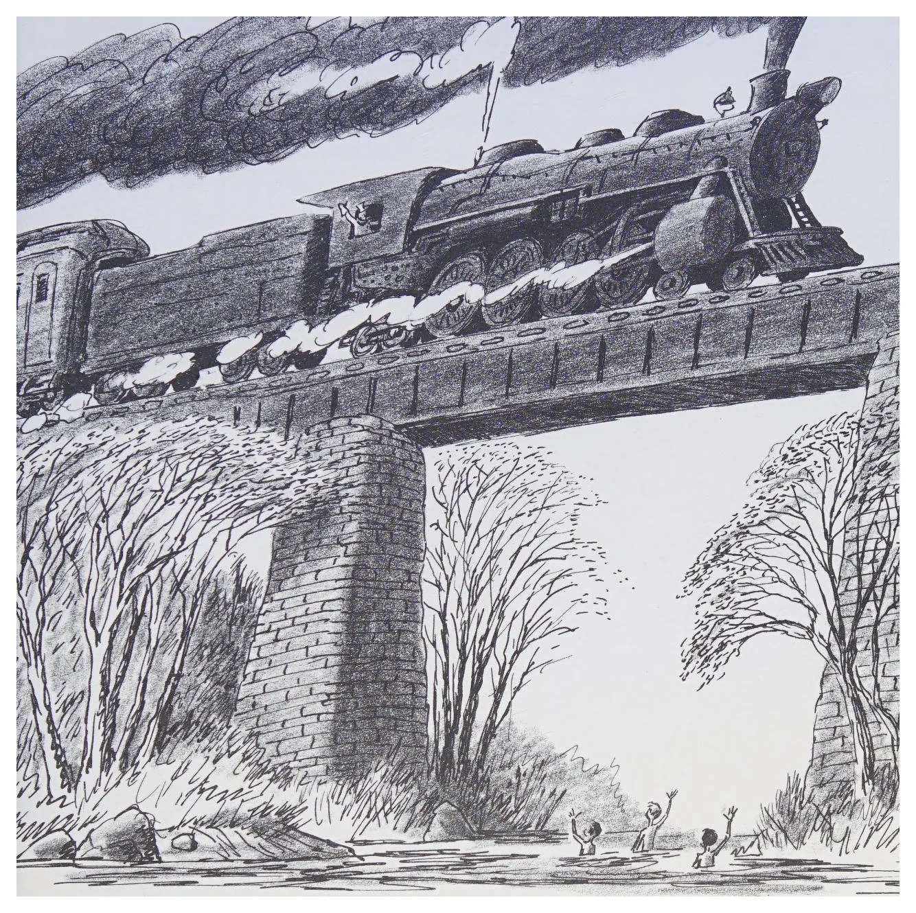 A steam locomotive thunders across the trestle overhead