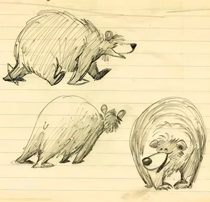 A character study of Baloo the bear, developed by Bill Peet for The Jungle Book
