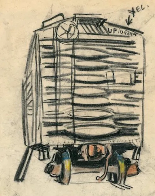 A small oil sketch of a boxcar by Bill Peet