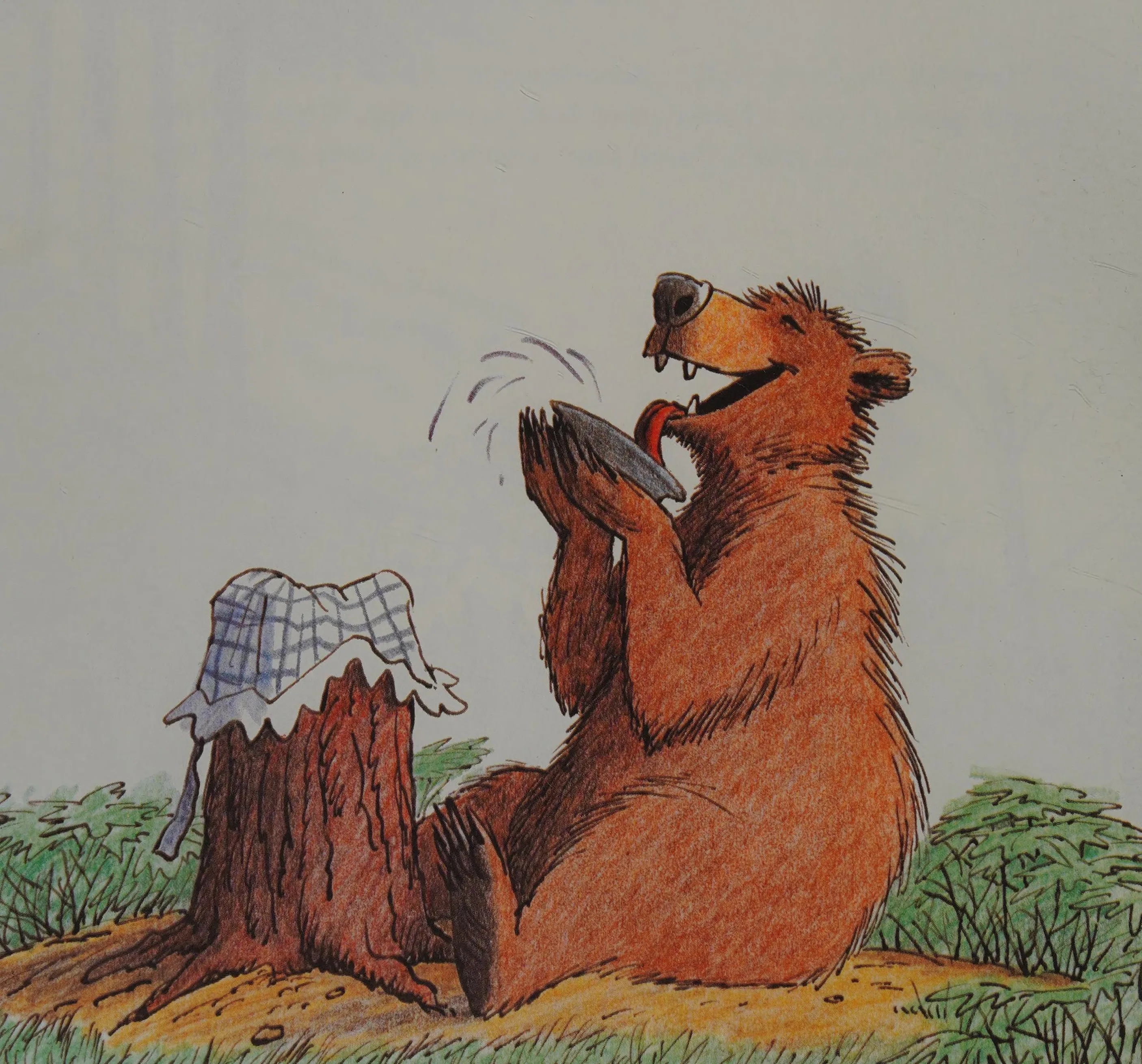 Bruce gobbles the blueberry pie left on the stump