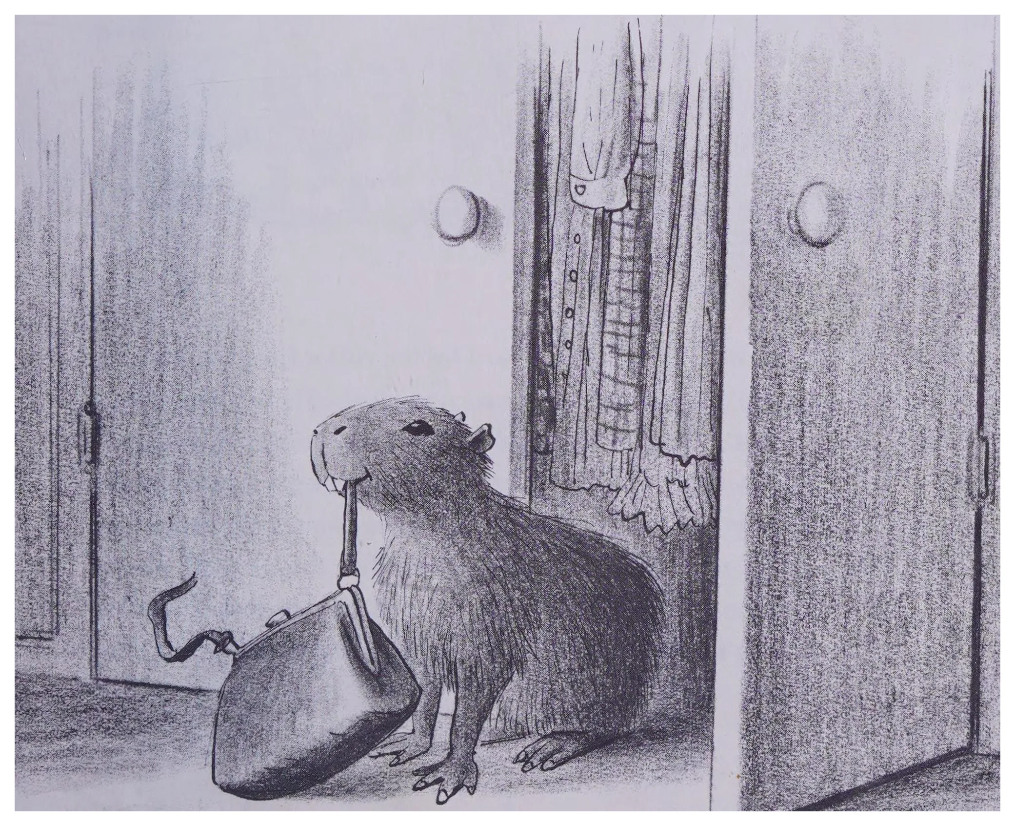 Capy samples a handbag by the coat closet