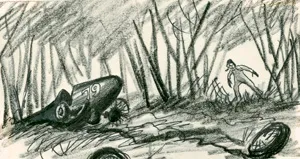 A wreck Bill witnessed at the Indianapolis Raceway: sketch