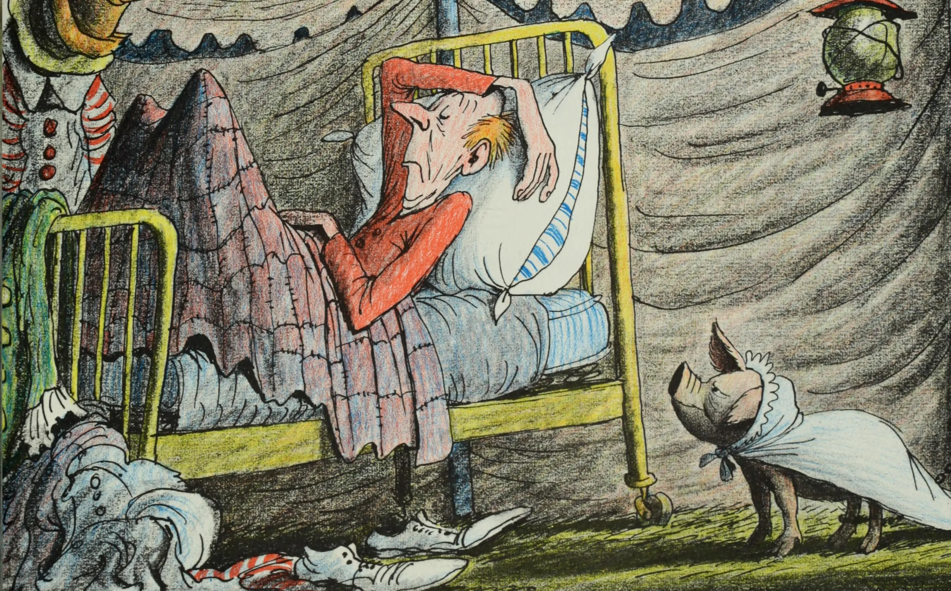 Roscoe the clown asleep, Chester chained to the tent post
