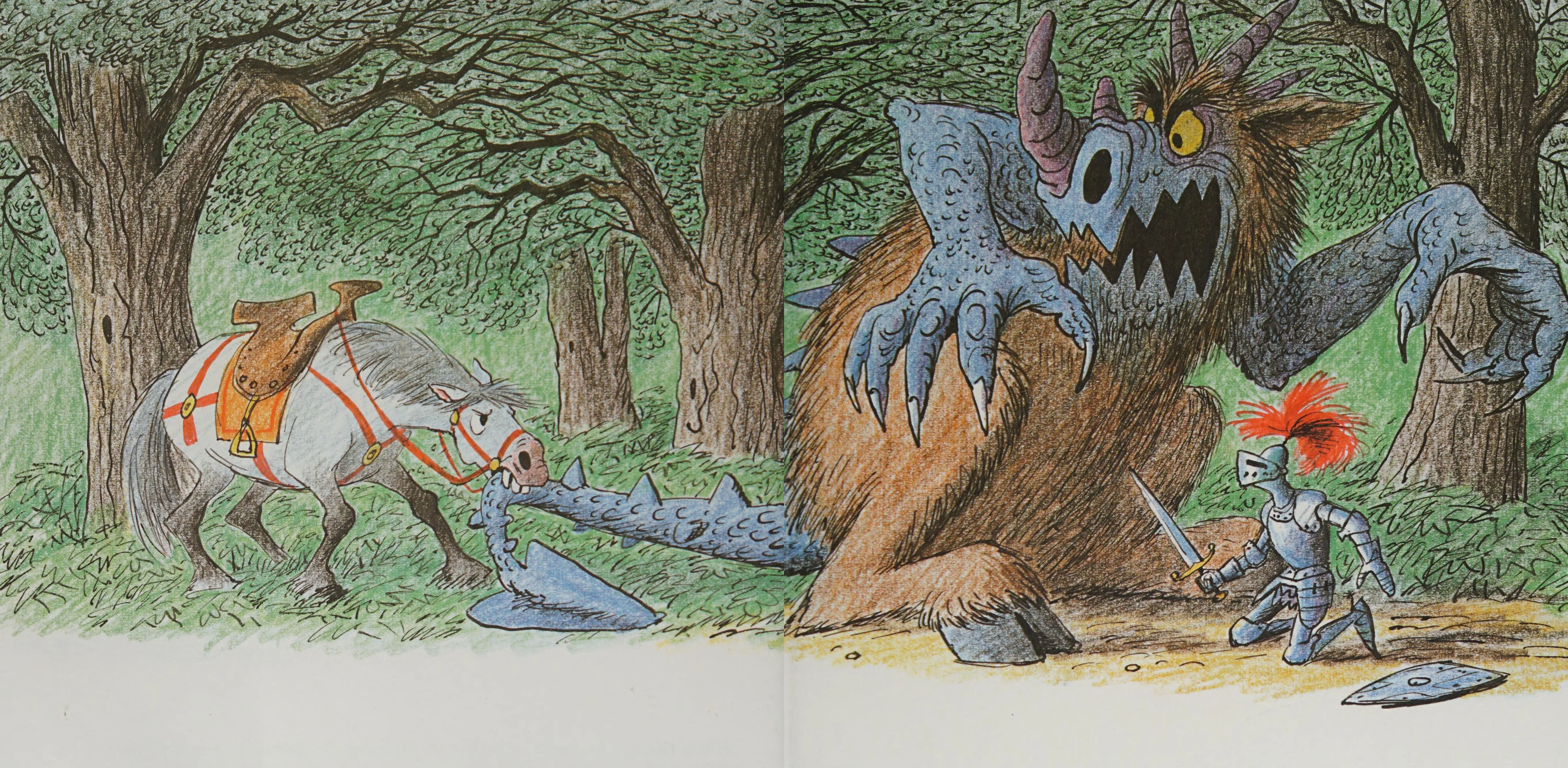 Clyde bites the ogre's tail as it rears at the knight
