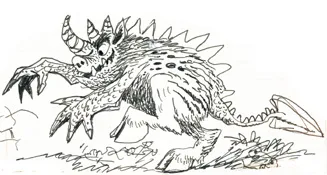 An illustration of the war horse Clyde facing an ogre, from Cowardly Clyde