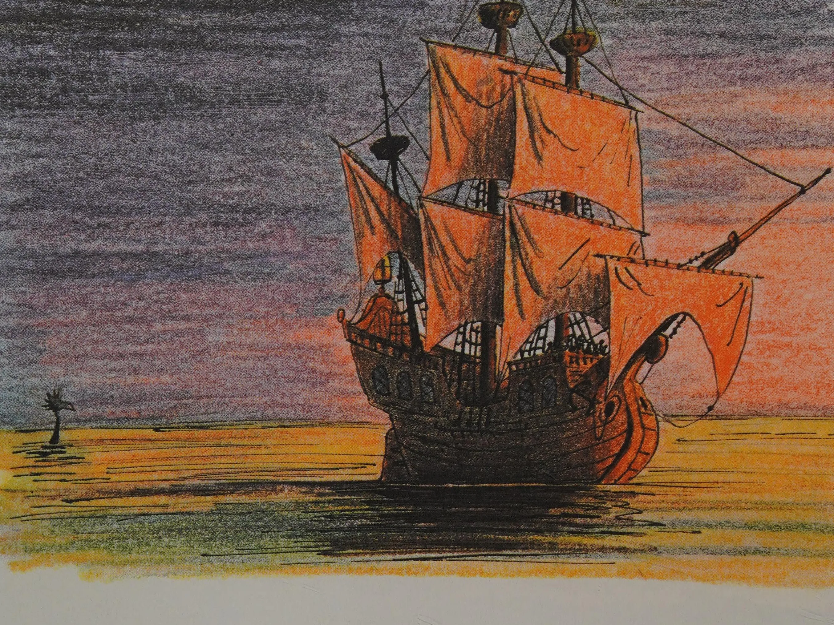 The Primrose lies becalmed on the sea at sunset