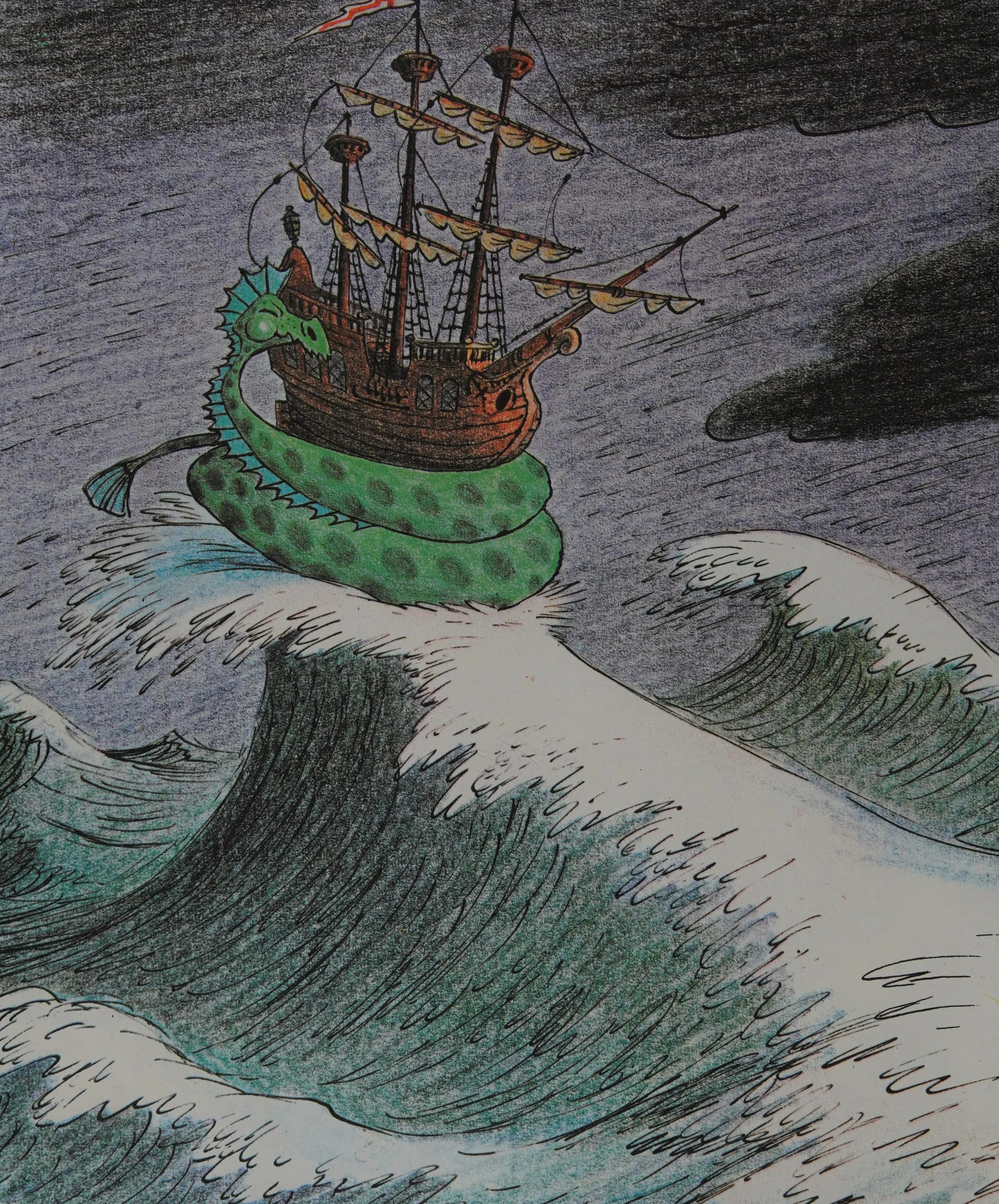 Cyrus coils around the ship in the raging storm