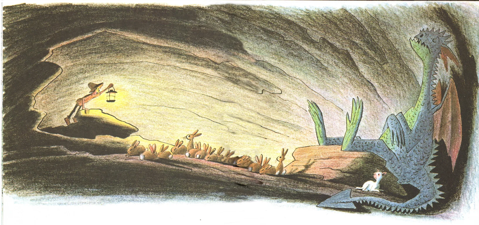 Droofus in the cave as the rabbits and a lantern-bearer approach