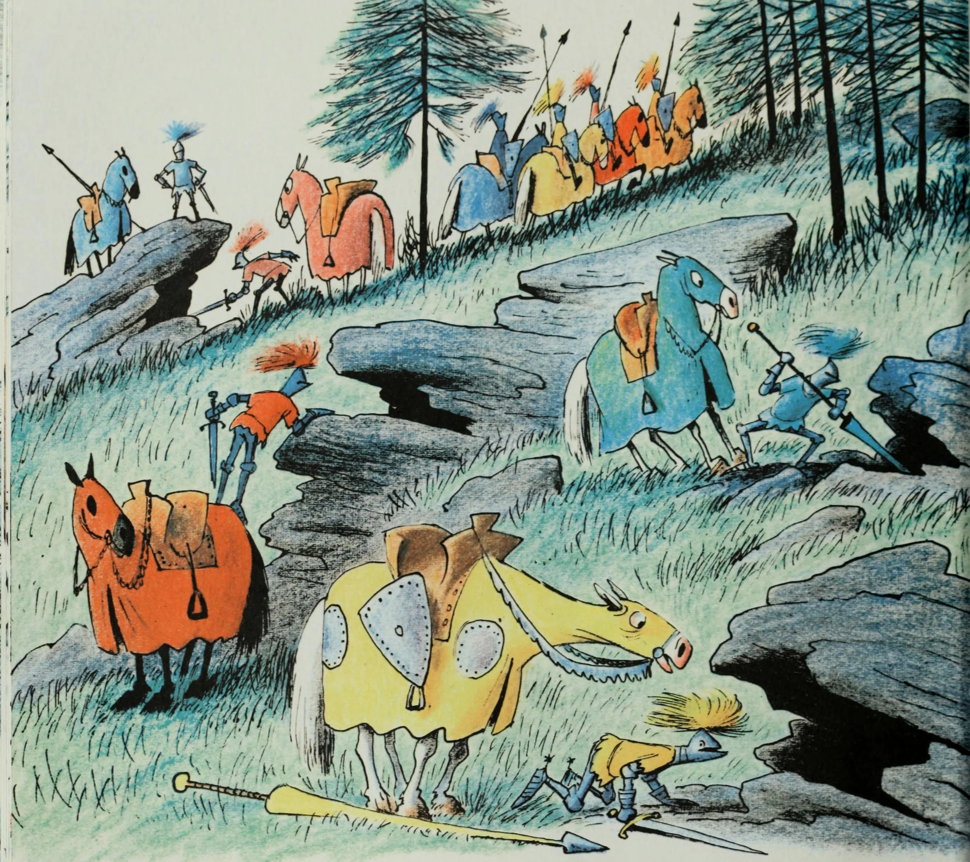 Knights comb the mountainside in search of the dragon