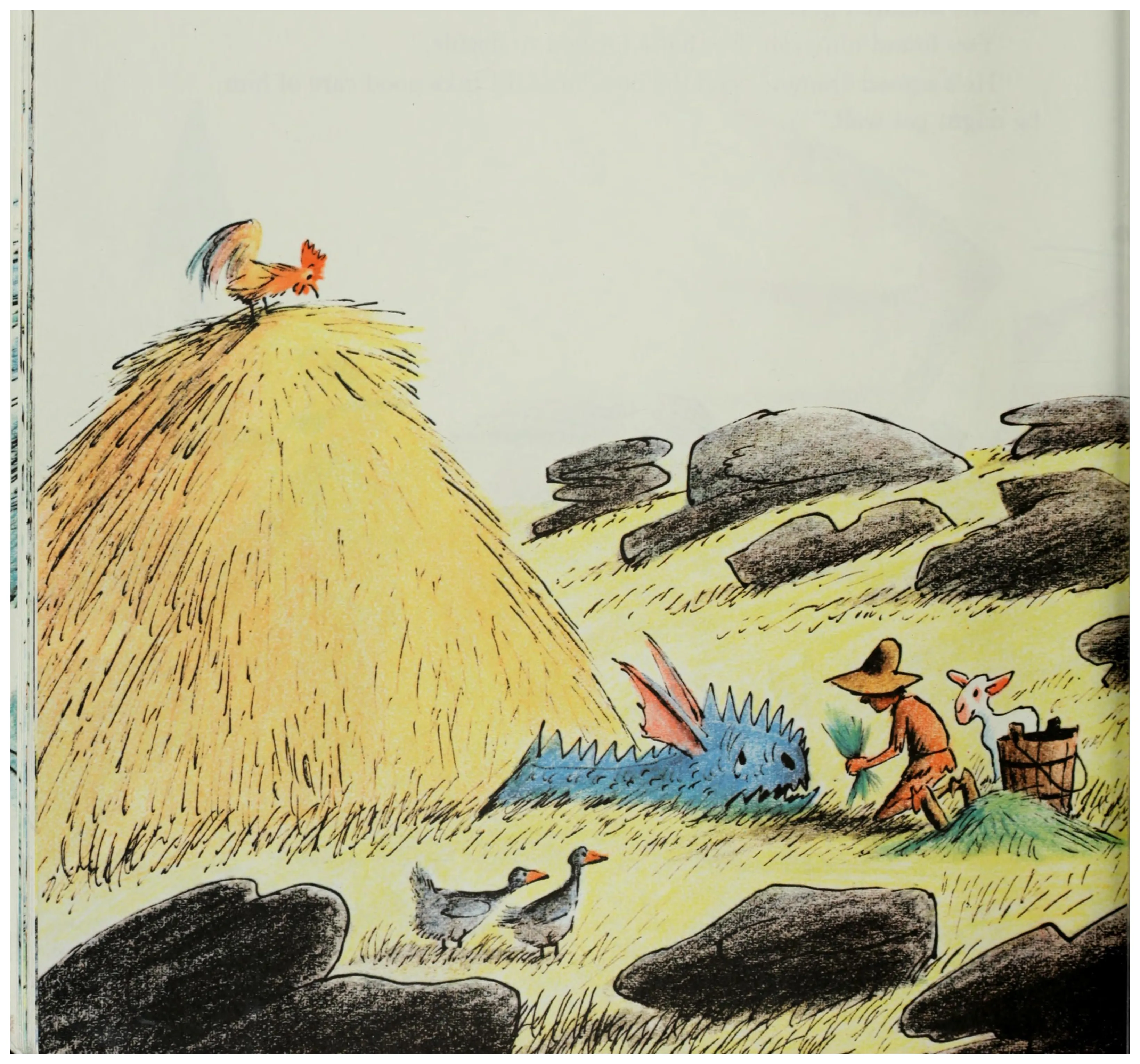 The boy tends Droofus, warmed beneath a strawstack