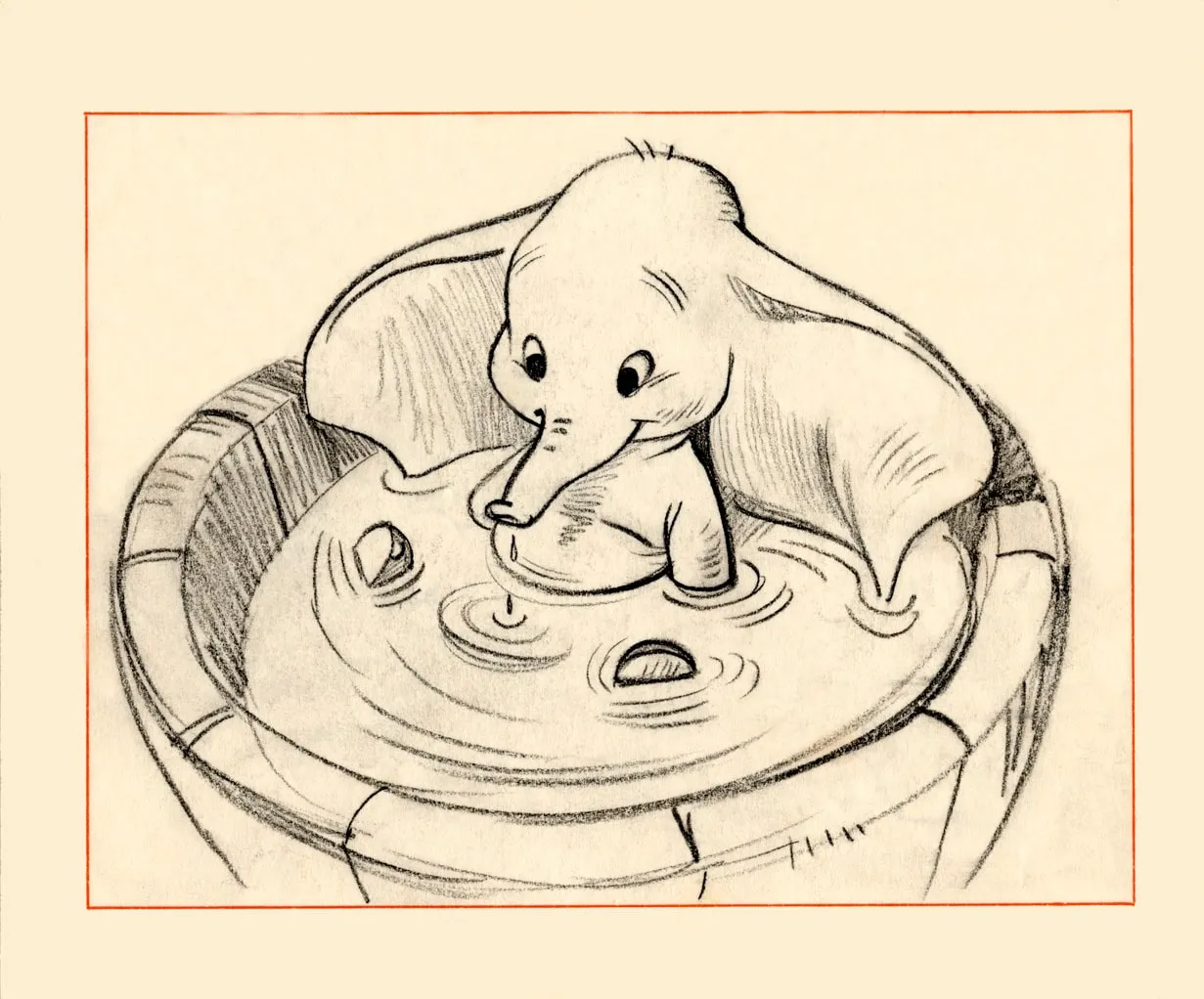 Story sketch of baby Dumbo sitting in a wooden tub of water with his ears spread, dipping his trunk