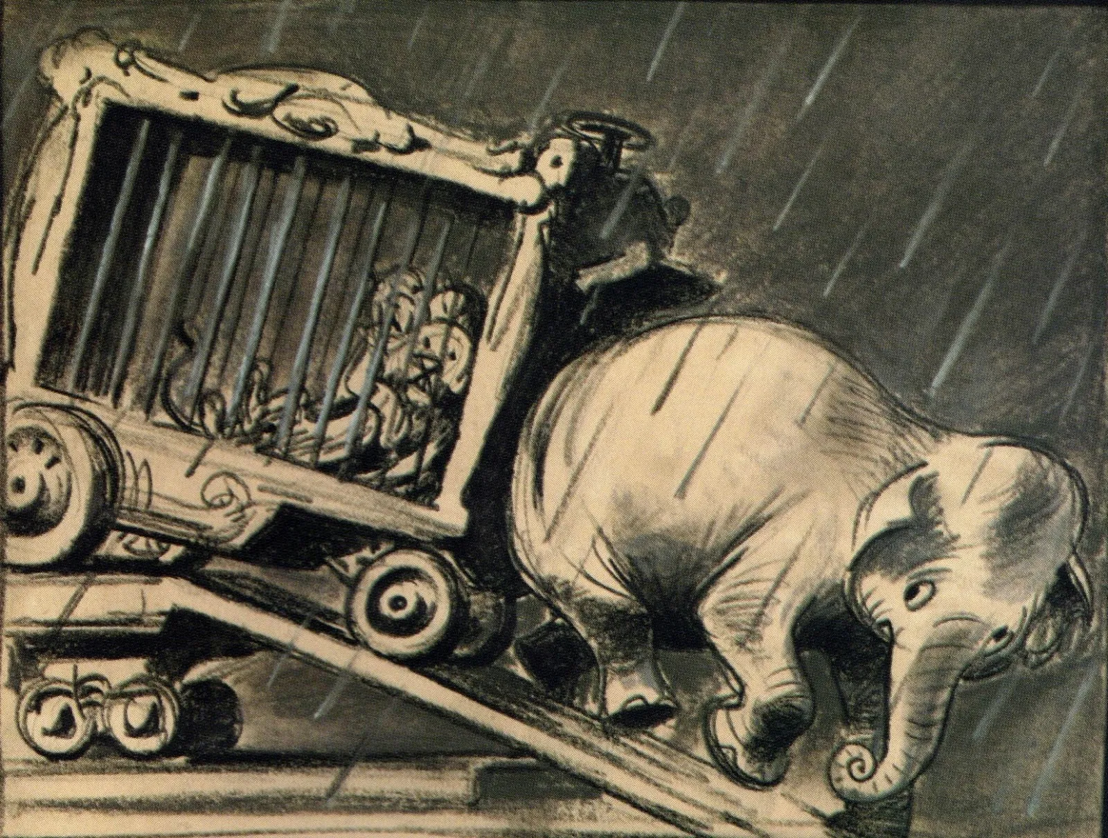 Atmospheric tonal story sketch of an elephant pushing an ornate circus cage wagon up a ramp in driving rain