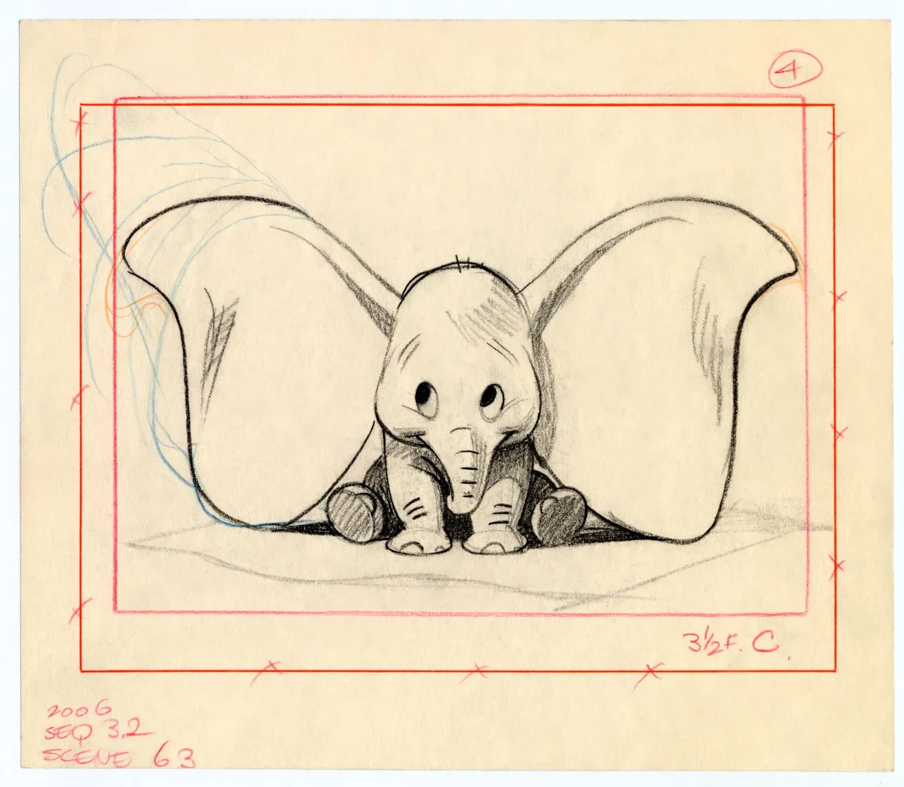 Story sketch of baby Dumbo seated facing forward, his oversized ears spread flat on the ground, gazing upward