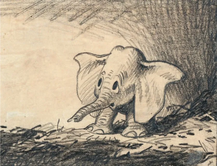 Tonal story sketch of baby Dumbo standing on straw bedding with his trunk lowered