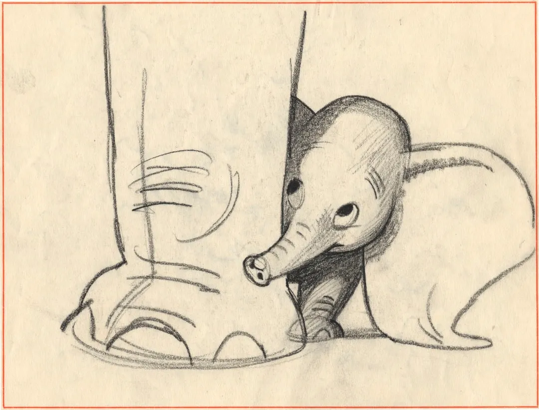 Story sketch of baby Dumbo peeking out from beside his mother's leg