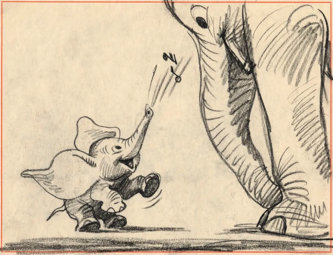 Story sketch of baby Dumbo stretching his trunk up toward his mother's trunk in play