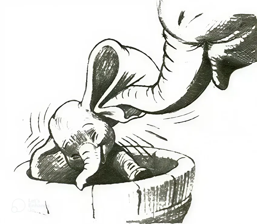 A story sketch of Dumbo the baby elephant with his oversized ears, by Bill Peet, c.1941