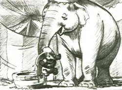A story sketch of Dumbo the elephant in motion, drawn by Bill Peet for the 1941 film