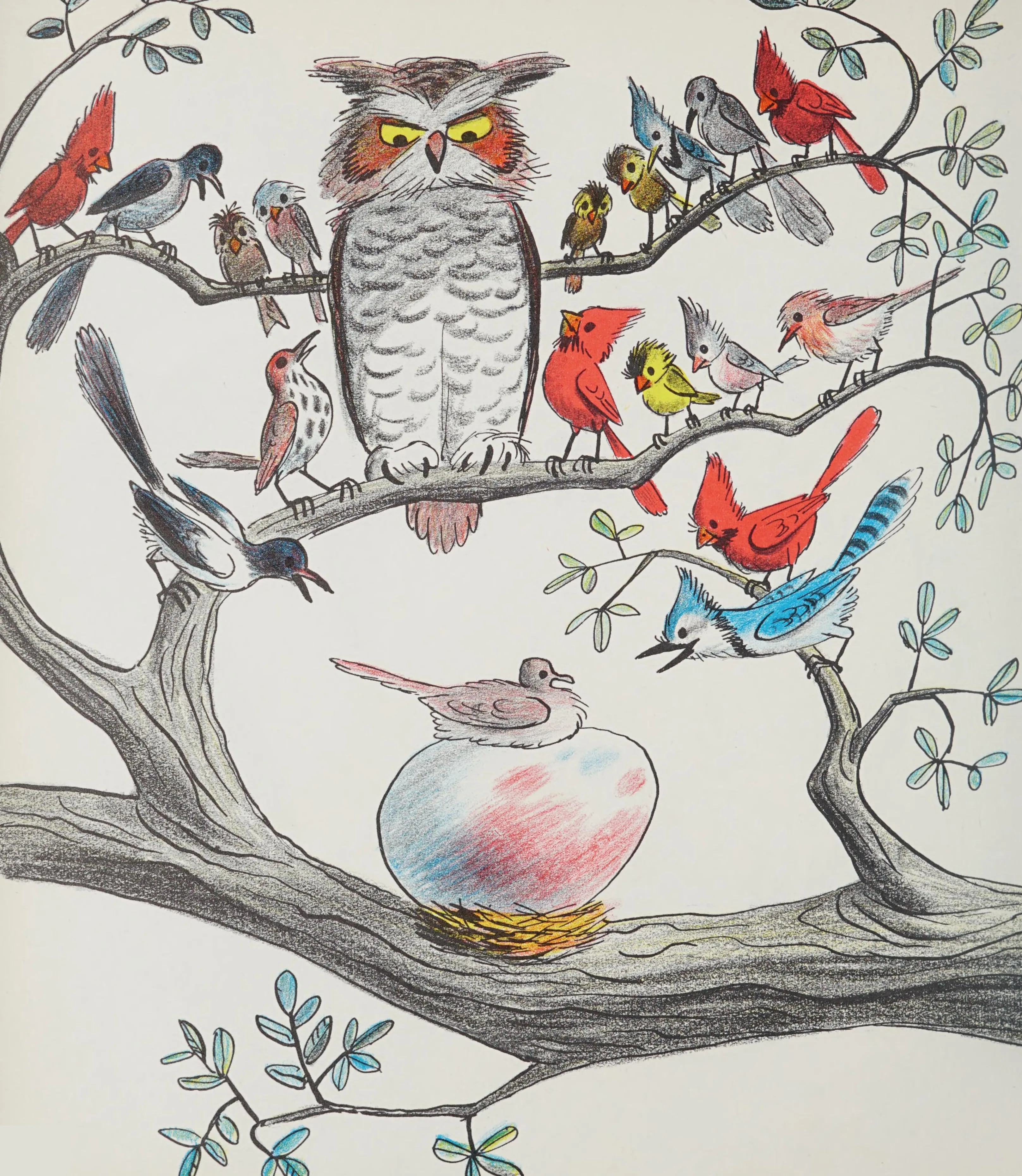 The birds gather around the pinkish, purplish, bluish egg