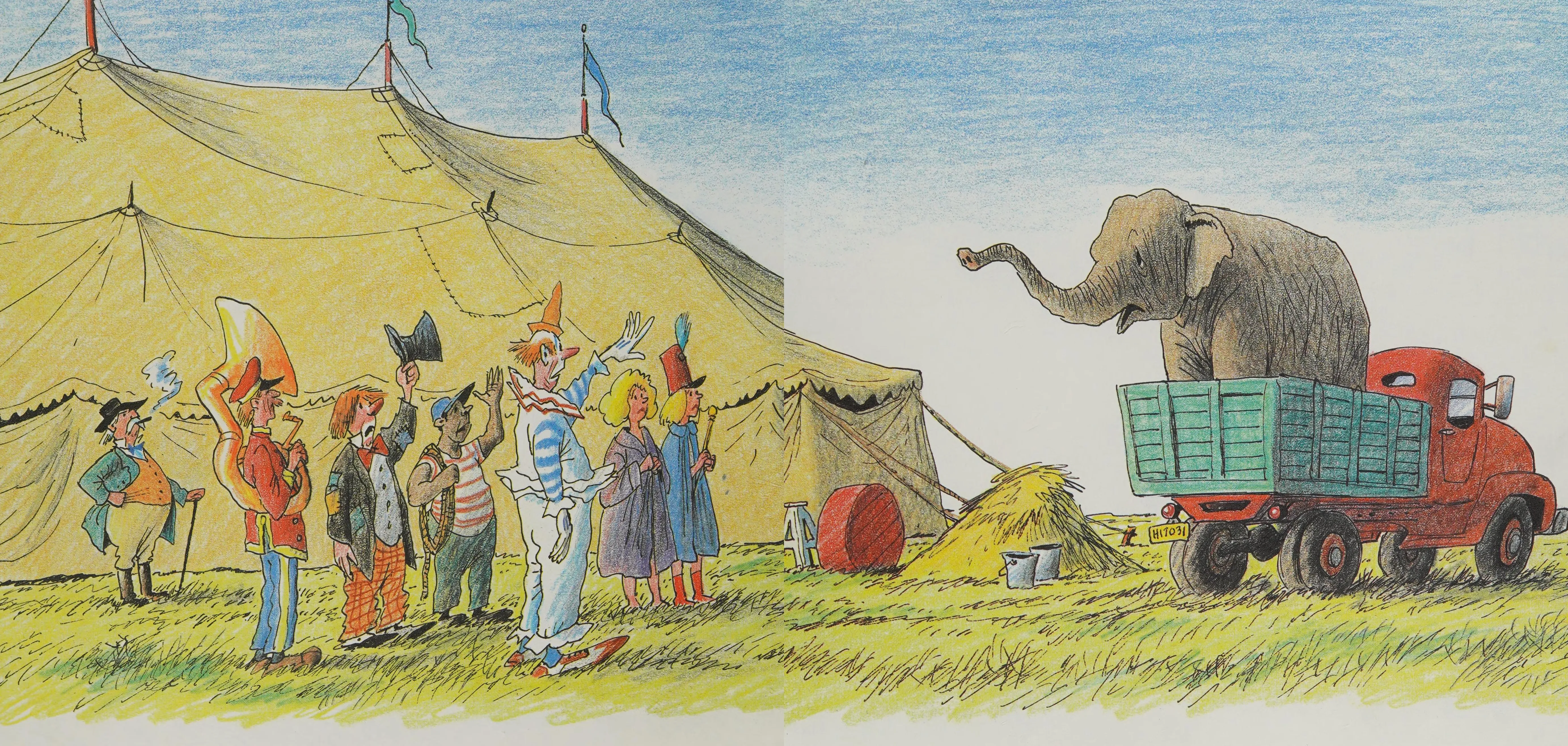 The clowns wave farewell as Eleanor is loaded onto the truck