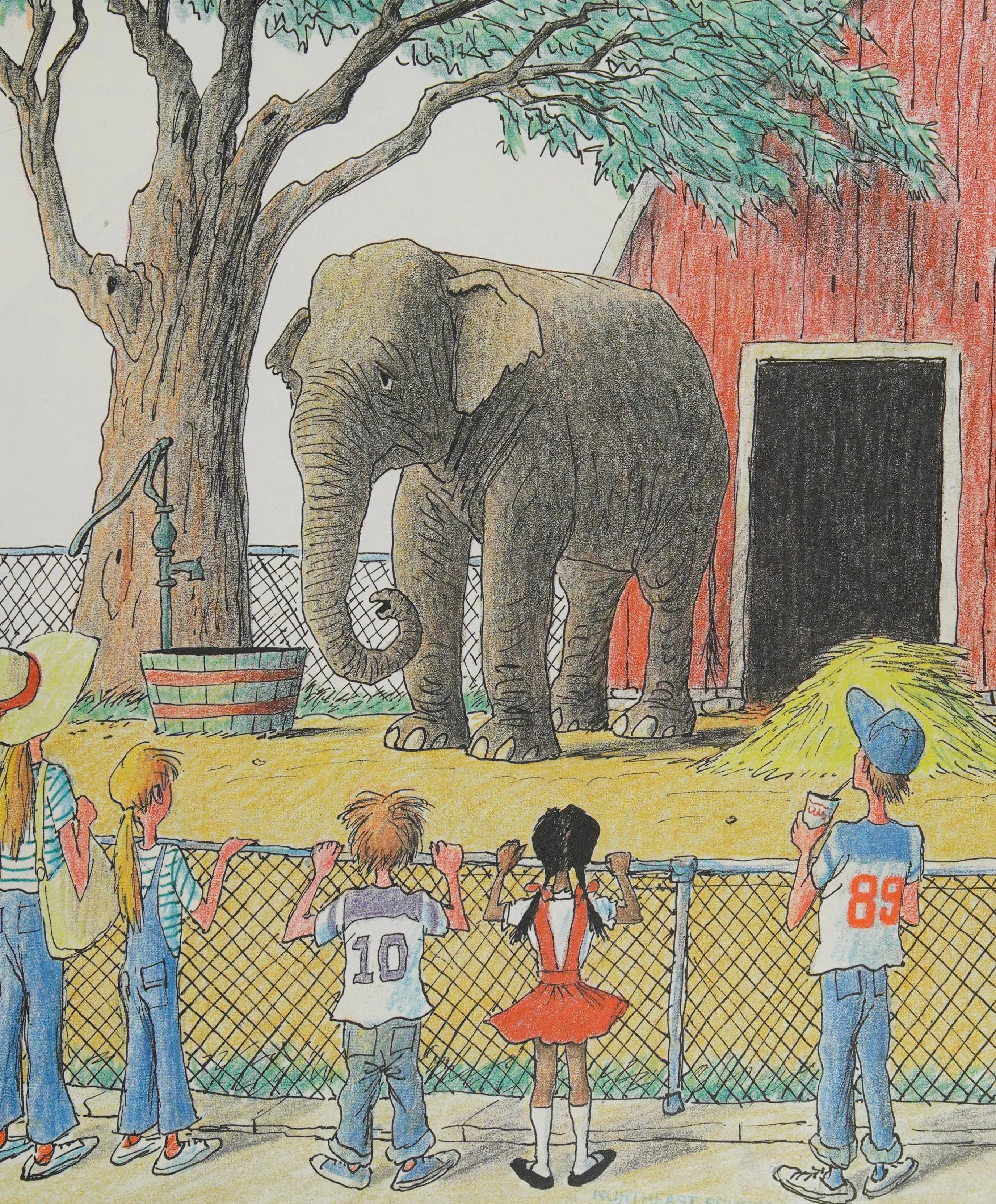 Children watch Eleanor at the fence by the red barn