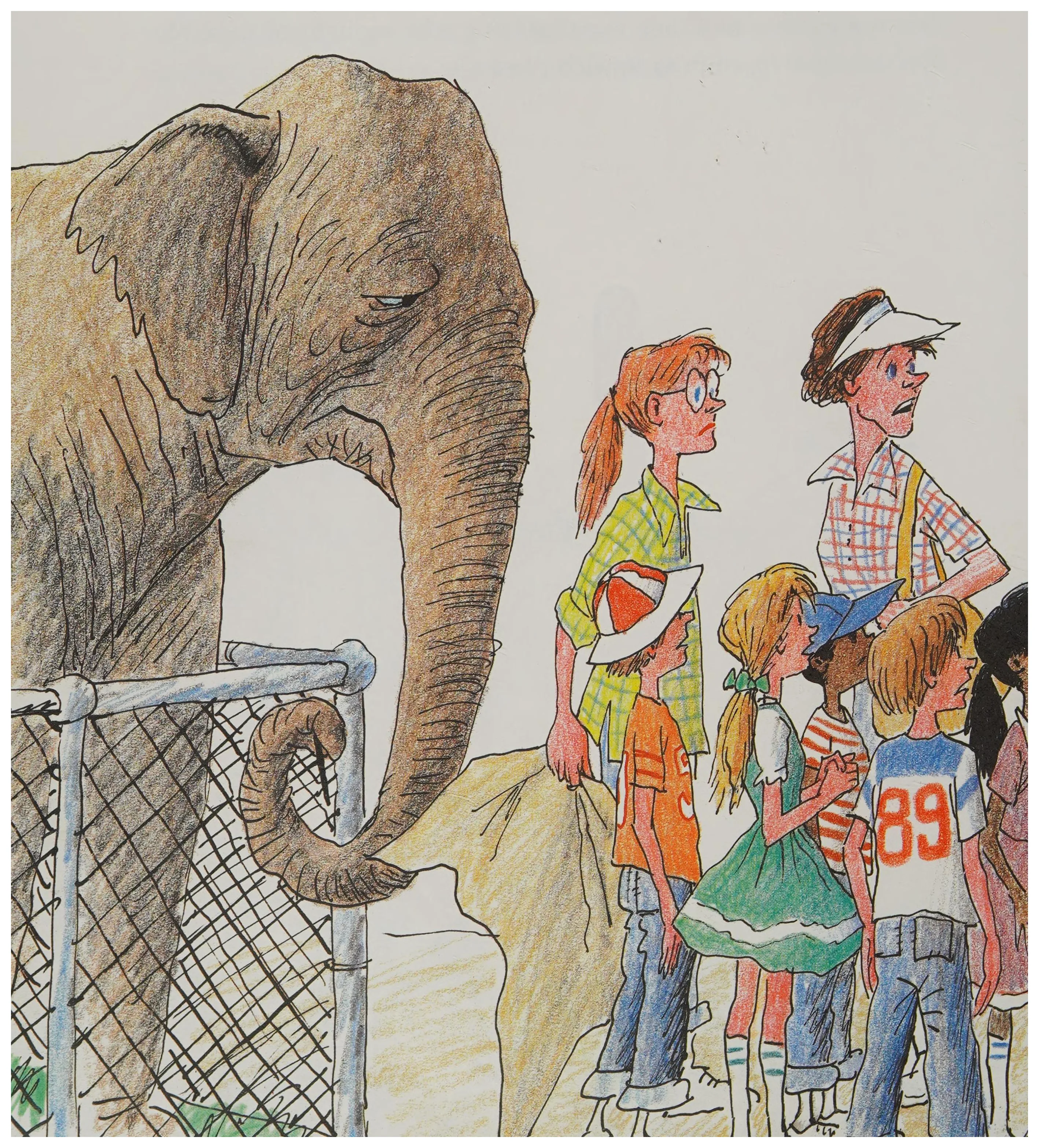 Eleanor peeks over the fence at the children