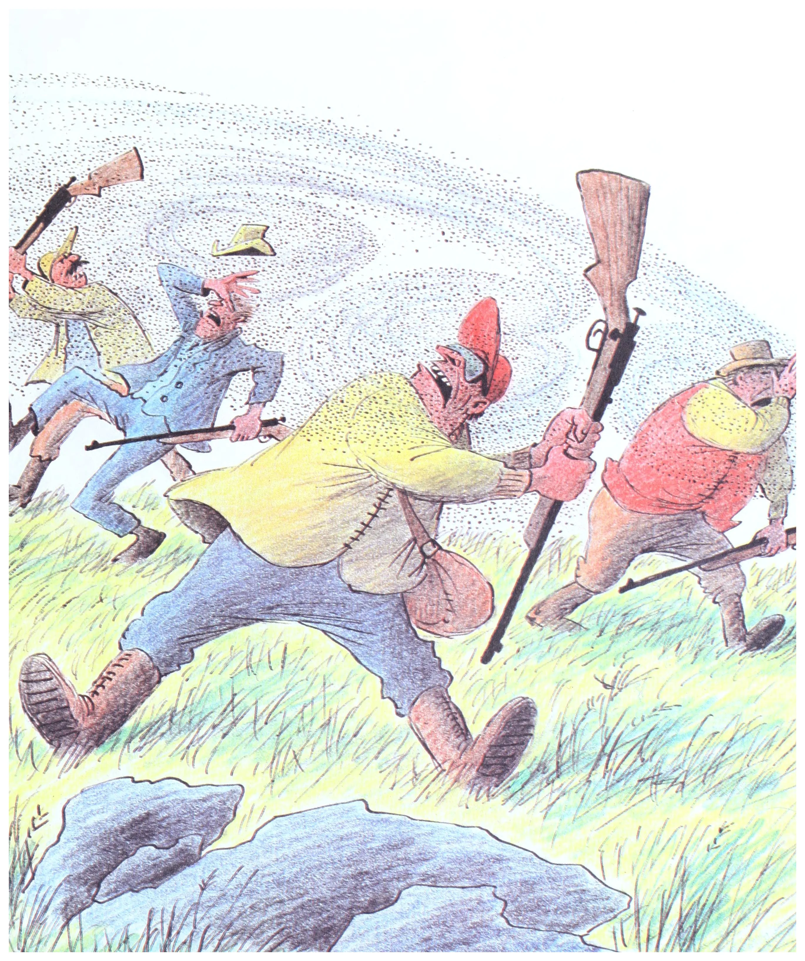 The swarming gnats drive the hunters into a panic