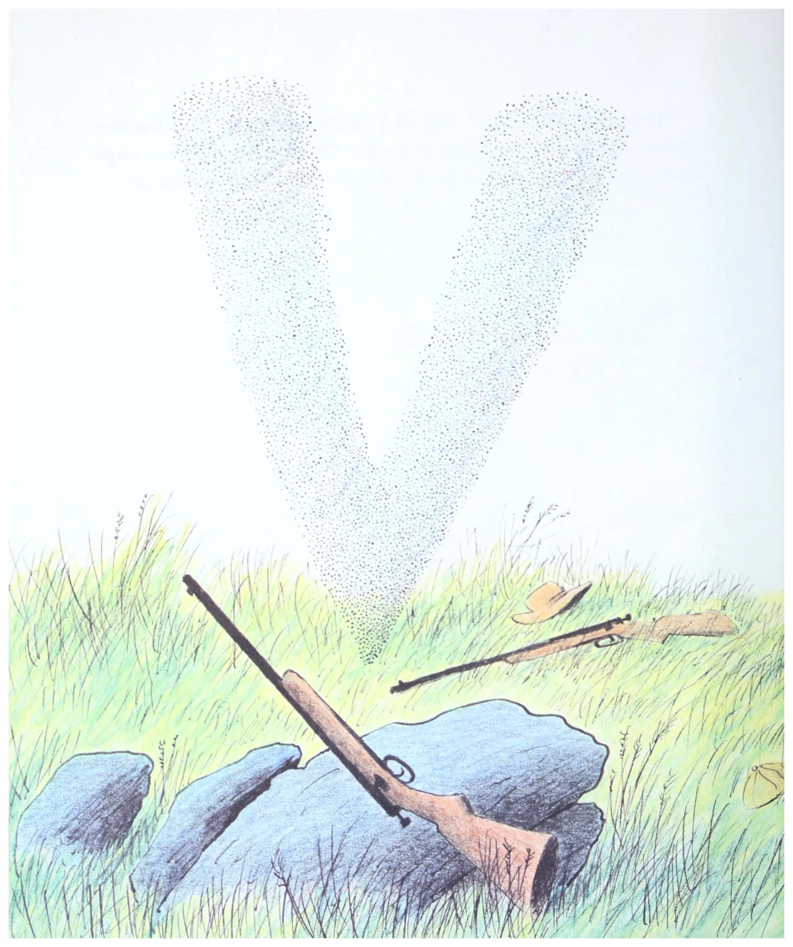 The gnats rise in a great swarm as the hunters drop their guns