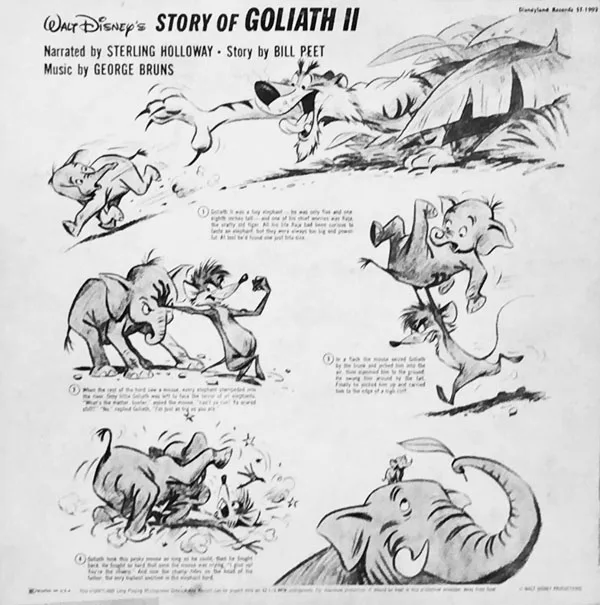 Back of the Disneyland Records album Walt Disney's Story of Goliath II, story by Bill Peet, narrated by Sterling Holloway, music by George Bruns, with story-panel sketches