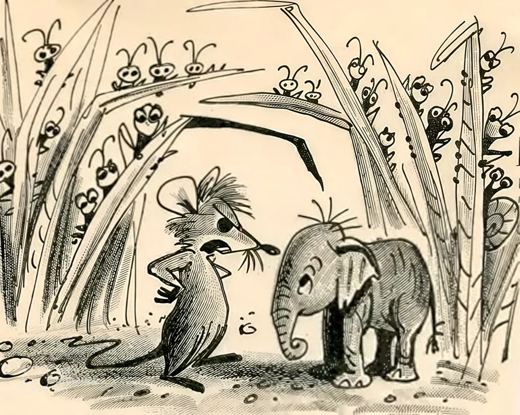 A story sketch of the tiny elephant Goliath II beside a mouse, by Bill Peet