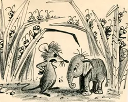 A story sketch of the tiny elephant Goliath II beside a mouse, by Bill Peet
