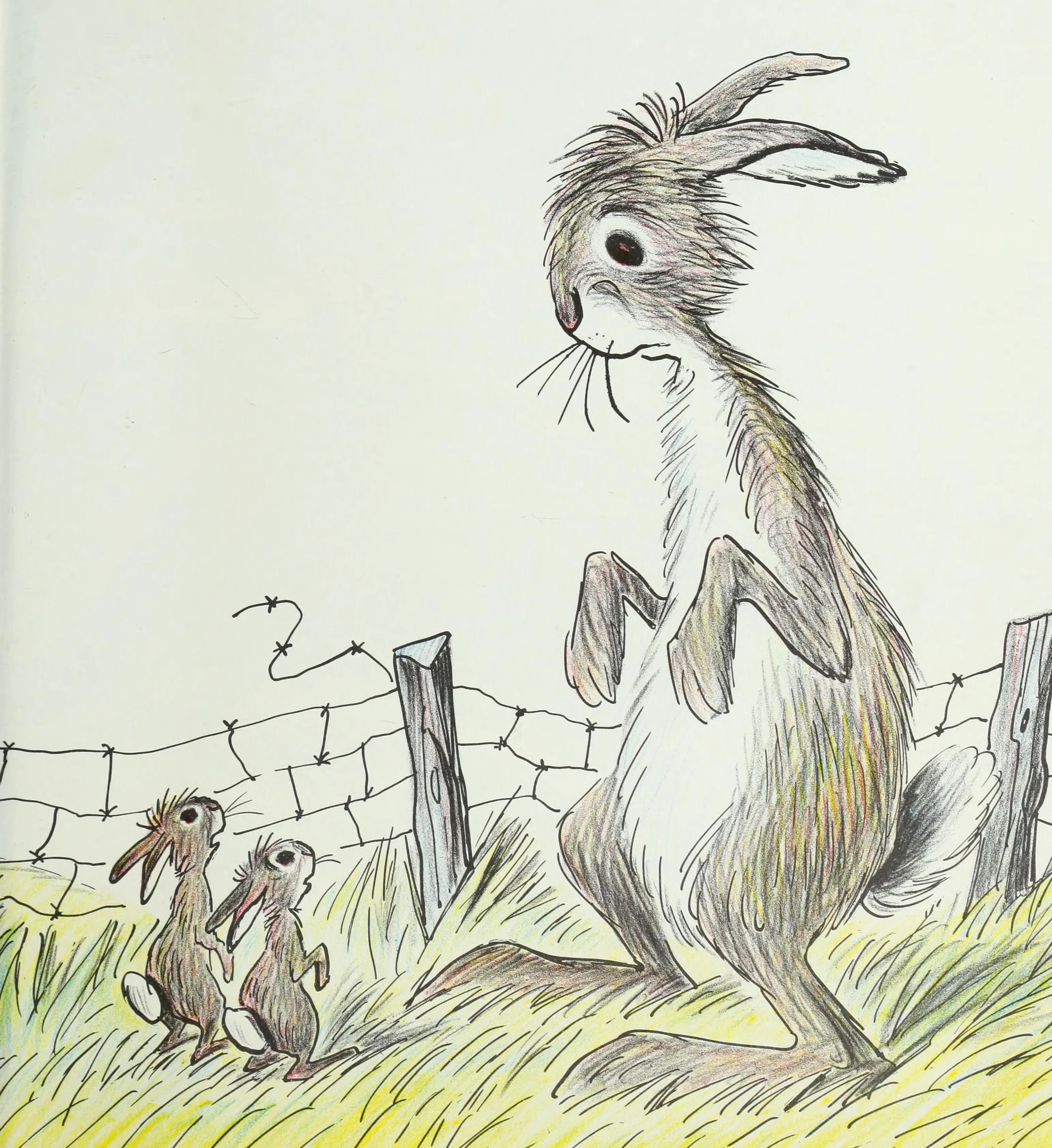 Two ordinary rabbits gaze up at the towering Harold
