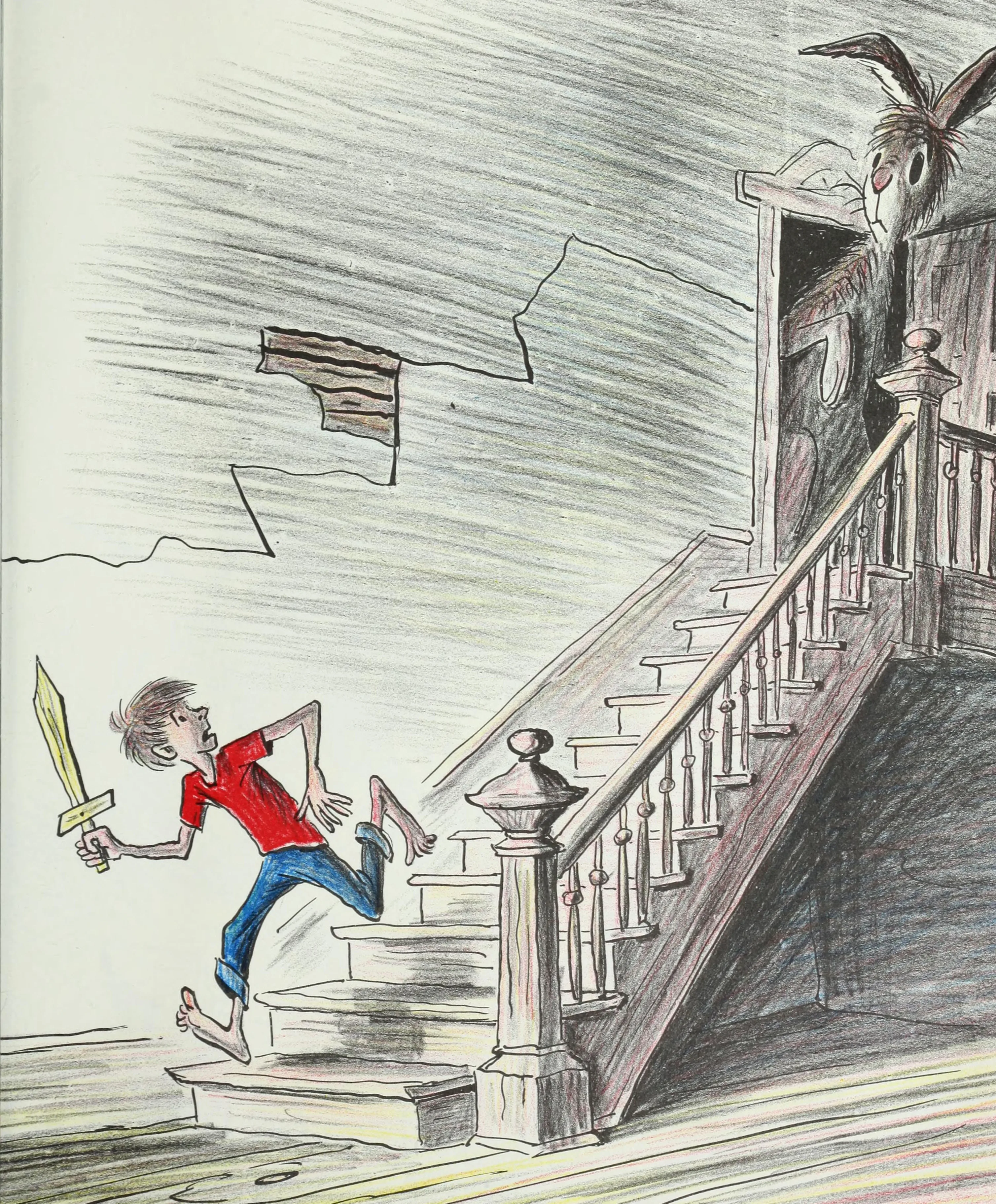 A startled boy bolts down the stairs as Harold looms above