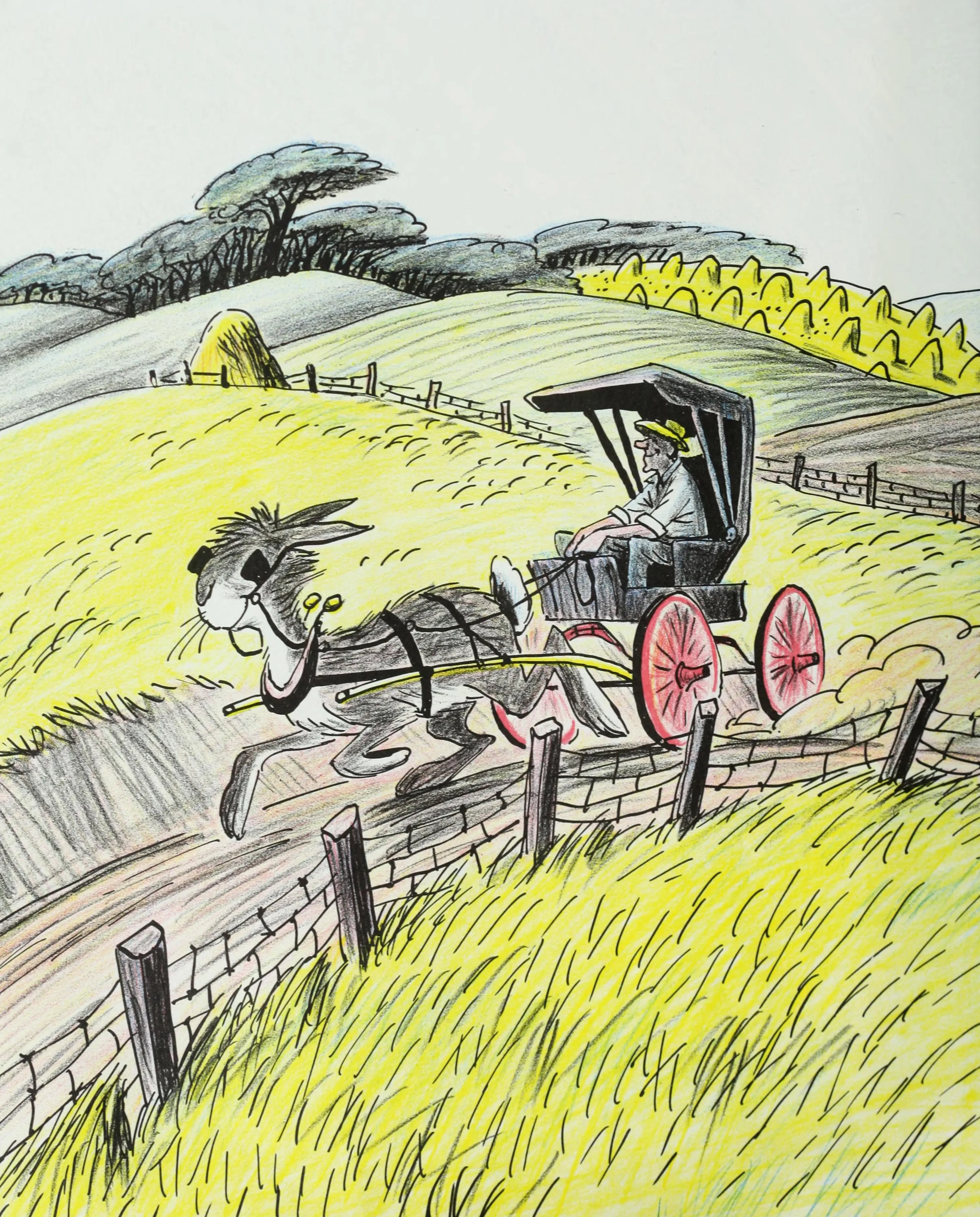 Harold races across the countryside, a buggy in tow