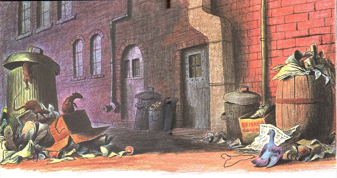 Homer stranded among the trash cans in a city alley, the coat hanger nearby