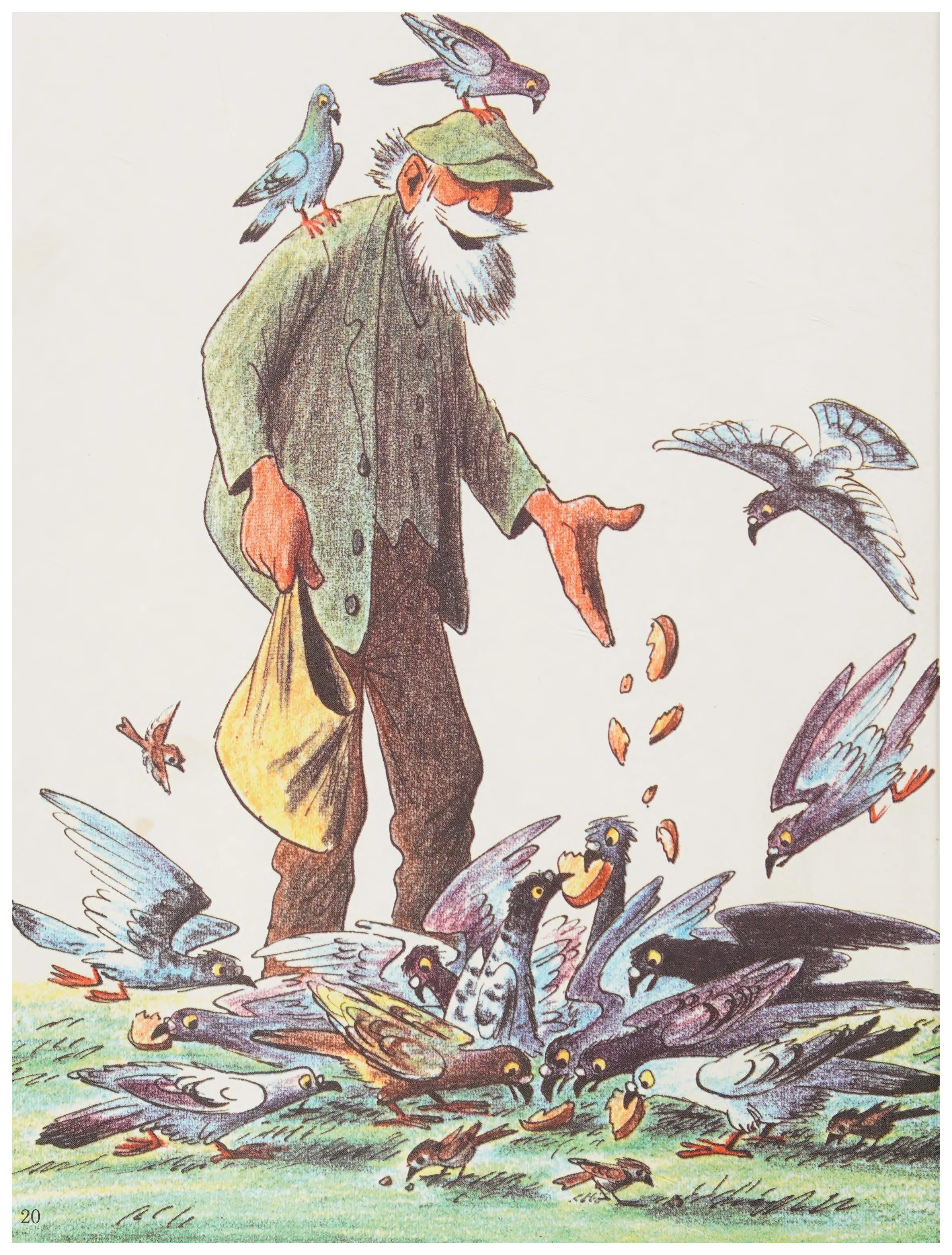 An old man scatters crumbs for the city pigeons