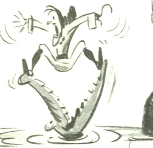 A story sketch of Captain Hook fleeing the ticking crocodile, from Peter Pan