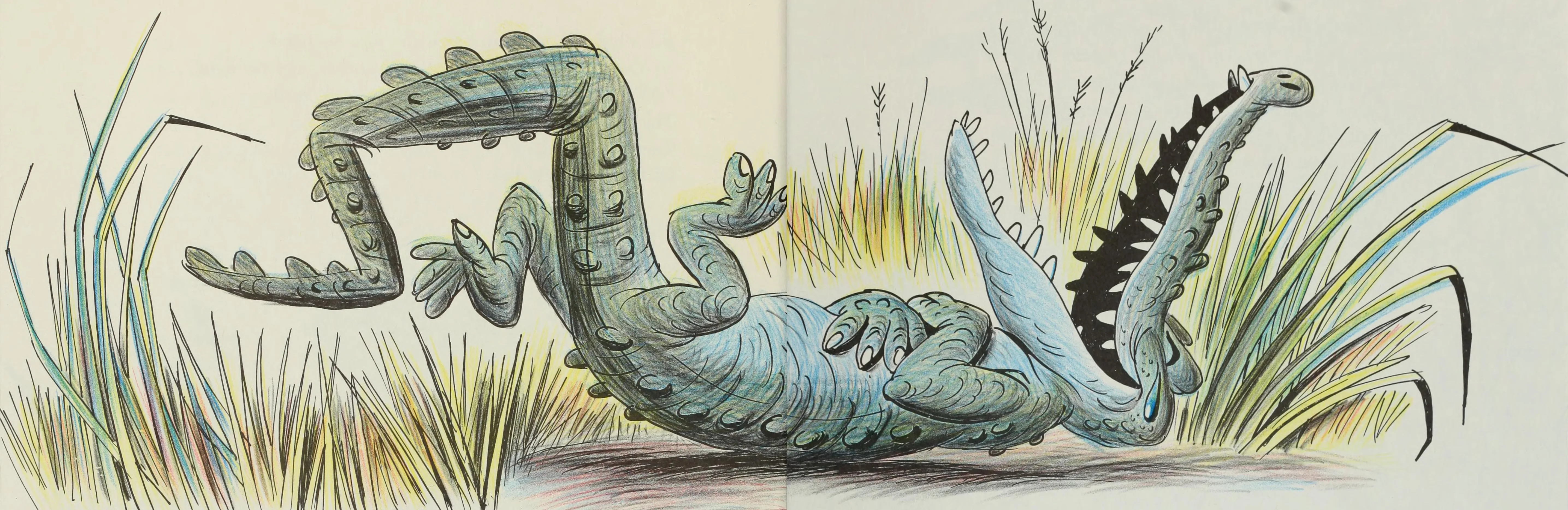 A crocodile rolls on his back laughing