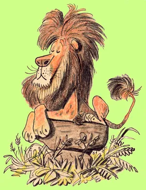 A finished illustration of the lion Hubert, from Hubert's Hair-Raising Adventure