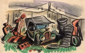 Sketch of Jennifer in a junkyard